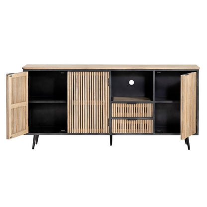 Wooden sideboard with open shelves and slatted doors.