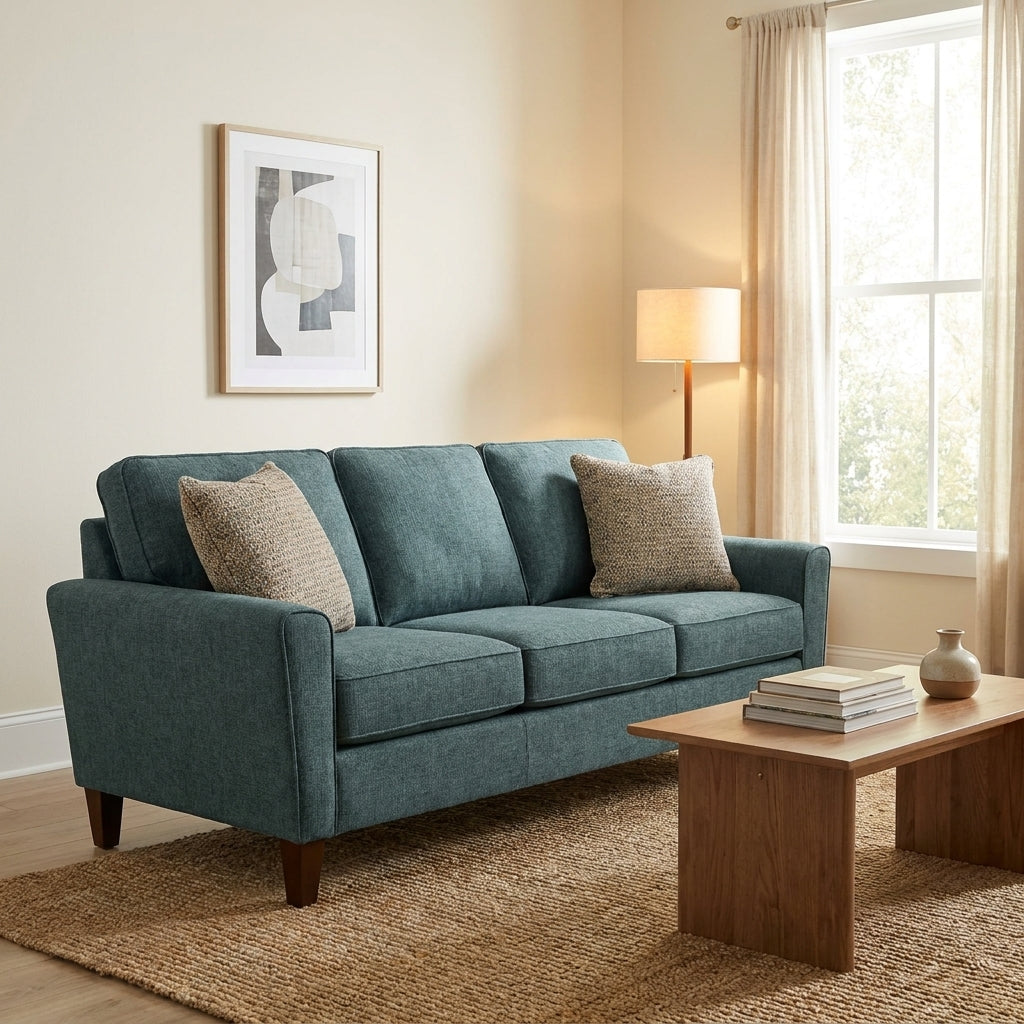 Cozy living room with blue sofa, wooden table, and floor lamp.