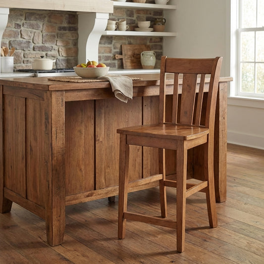 Wooden barstool with a curved slat back.