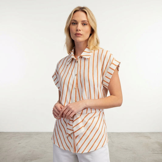 Woman in a striped shirt with a neutral expression.