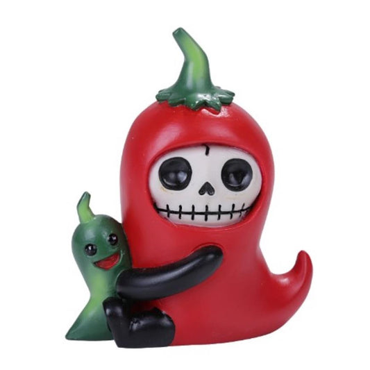 Red skeleton chili hugging a smiling green chili.