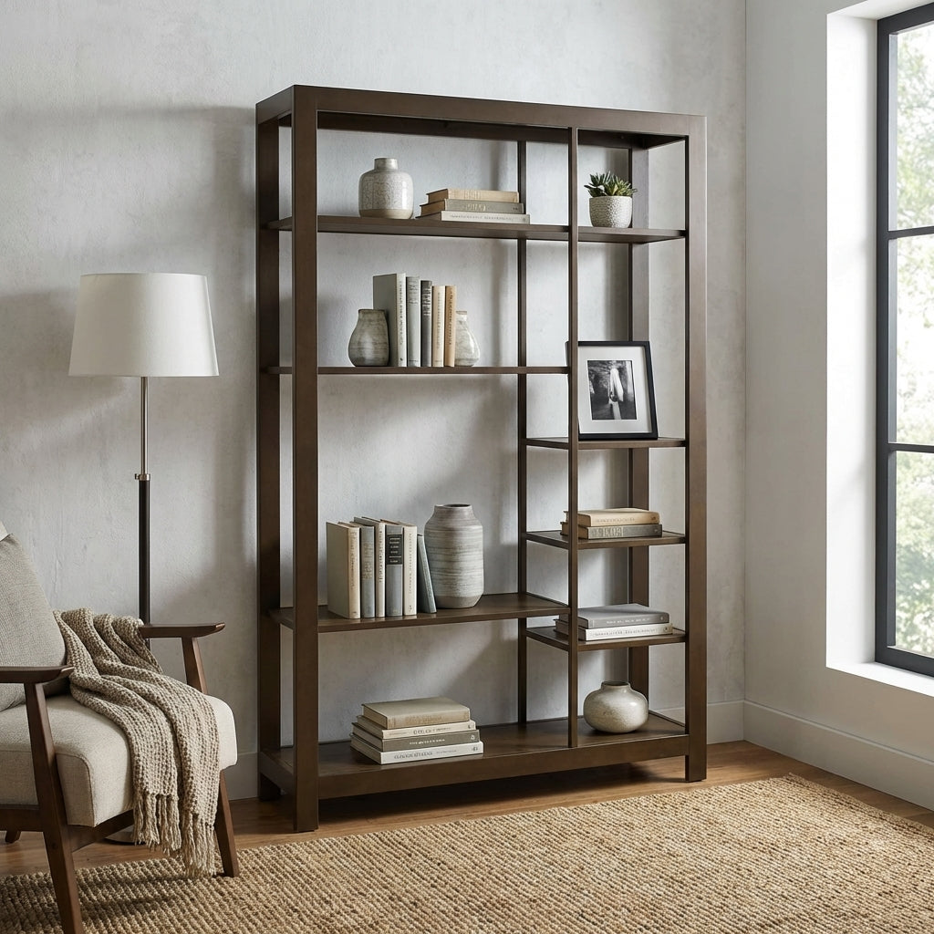 Brown wooden multi-tiered open shelf unit.