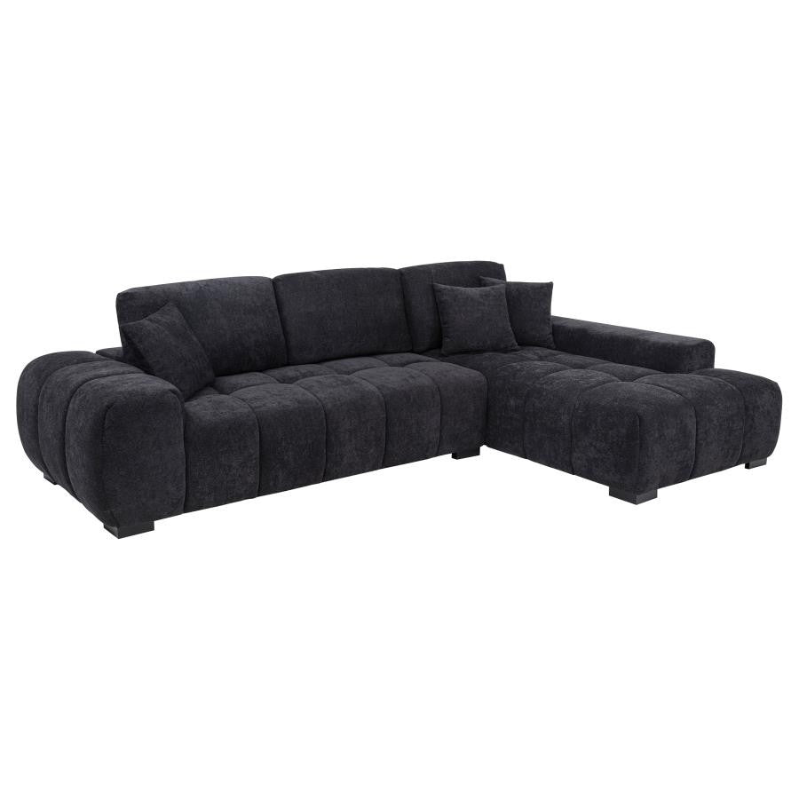 Dark gray sectional sofa with plush cushions and a modern design.