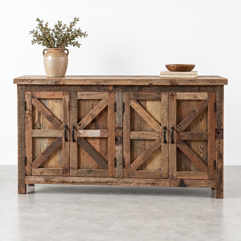 Rustic wooden sideboard with open cabinet doors and shelving inside.