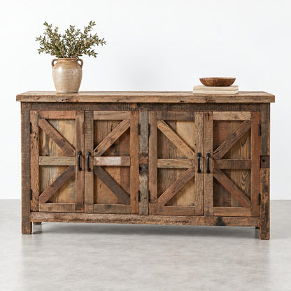 Rustic wooden sideboard with open cabinet doors and shelving inside.
