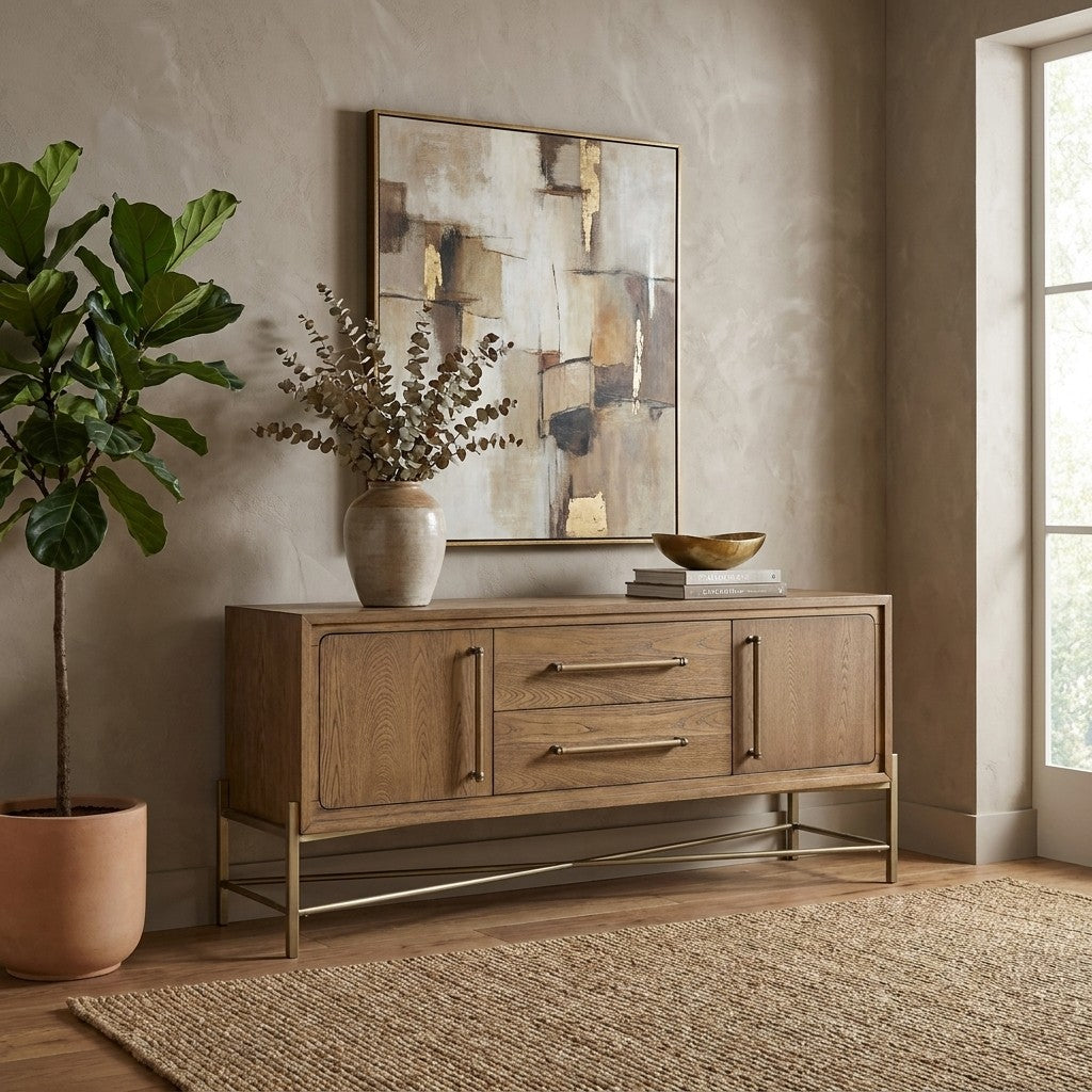 Stylish room with wooden sideboard, abstract art, and a potted plant.