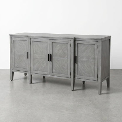 Gray wooden sideboard with four doors and black handles.