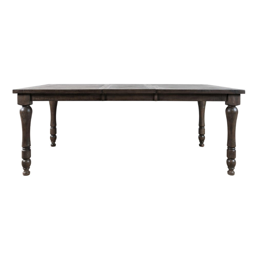 Dark wooden table with ornate turned legs.