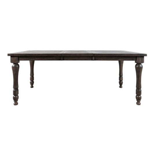 Dark wooden table with ornate turned legs.