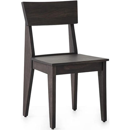 Dark wooden chair with simple, modern design.
