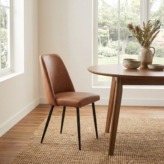 Brown leather chair with black metal legs.