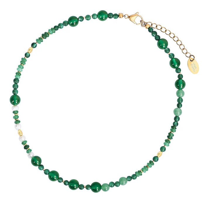 Elegant green beaded necklace with gold clasp and extender.