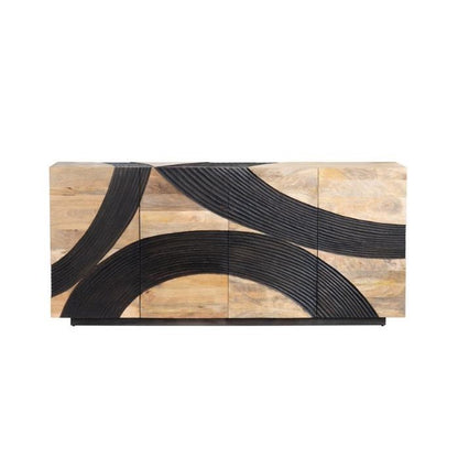 Wooden sideboard with curved black patterns on its surface.