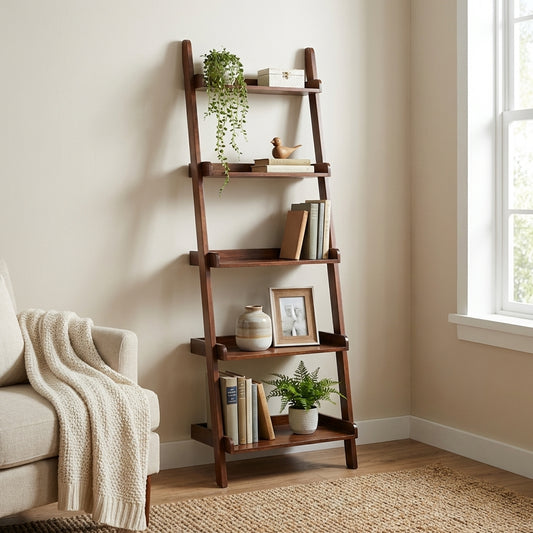 Wooden ladder bookshelf with five tiers, leaning design.