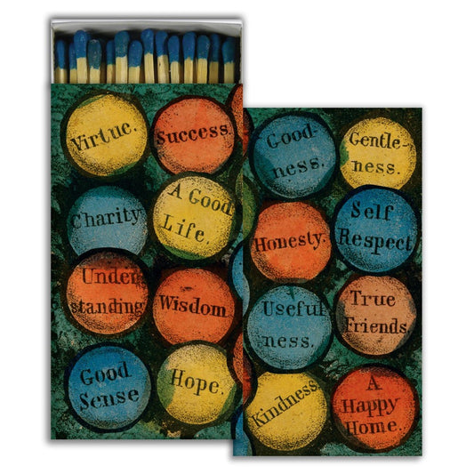 Colorful matchbox with positive words like virtue, success, and kindness.