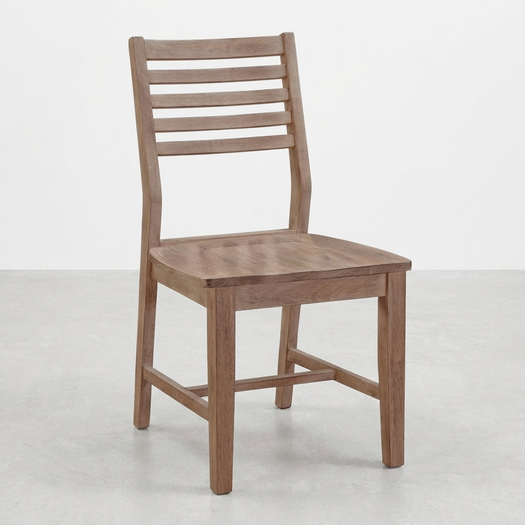 Wooden chair with slatted backrest, simple and sturdy design.
