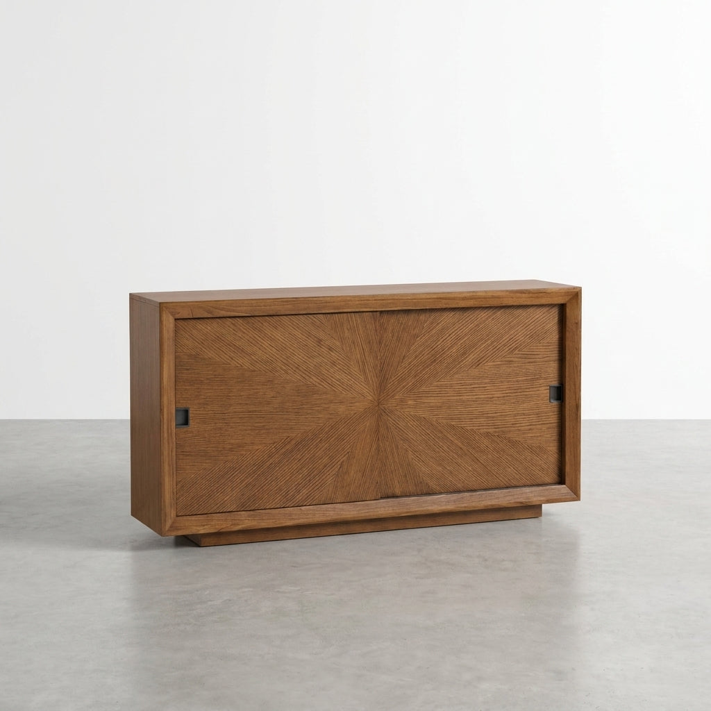 Wooden cabinet with sliding door and open shelves on each side.