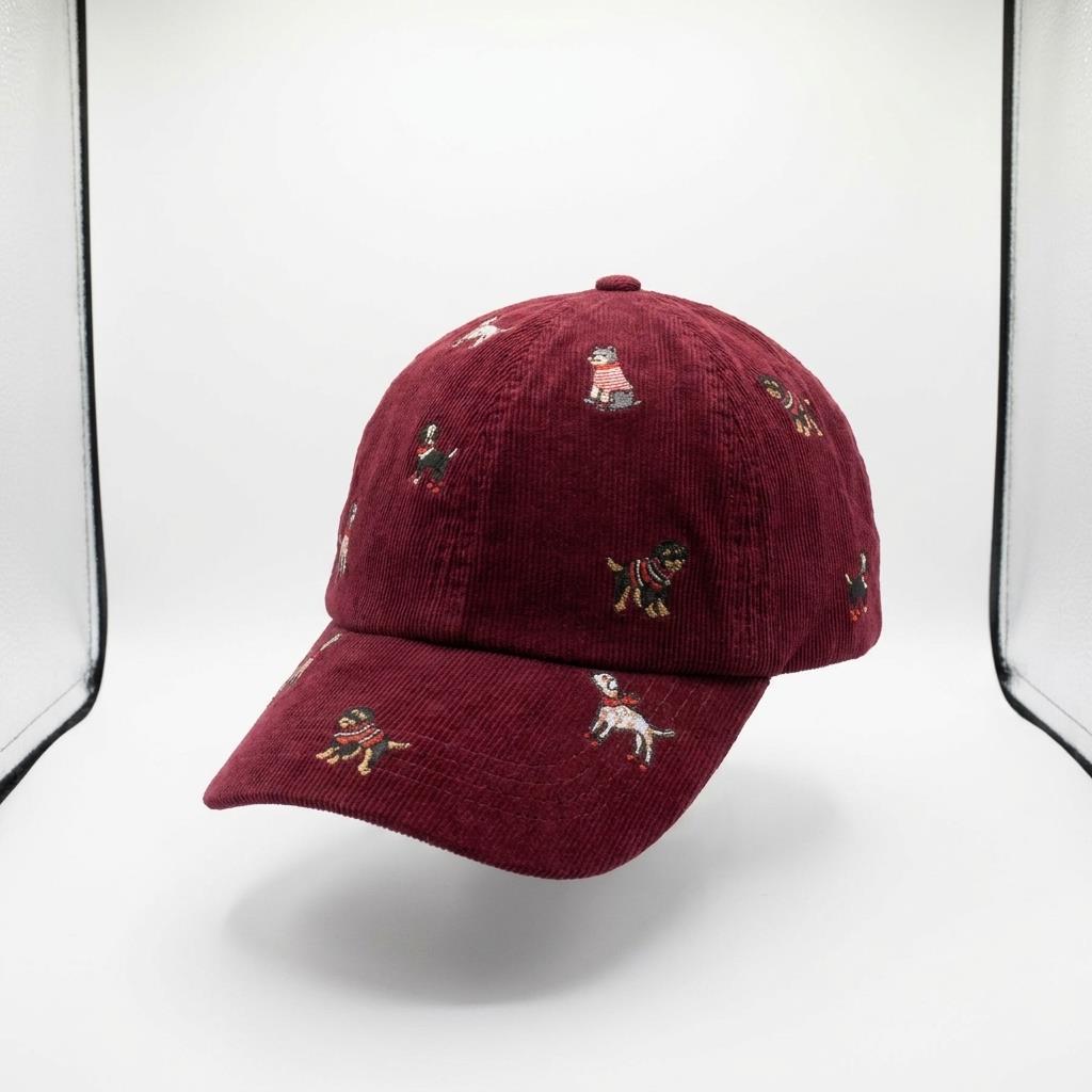 A burgundy corduroy cap decorated with small embroidered dogs.