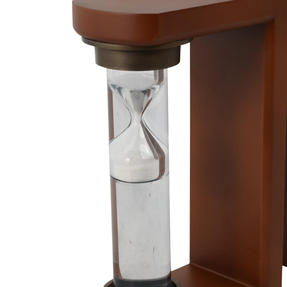 Wooden hourglass with white sand halfway through.