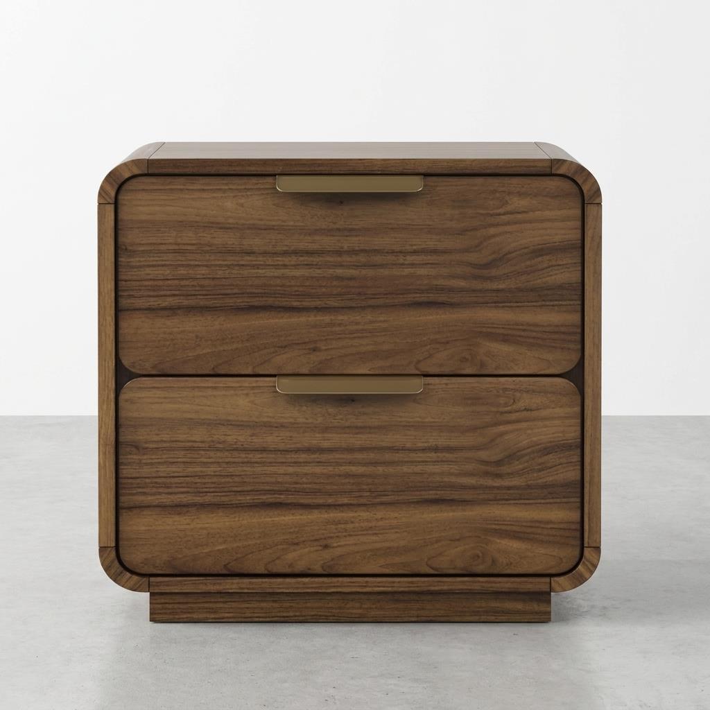 Wooden two-drawer cabinet with rounded edges.