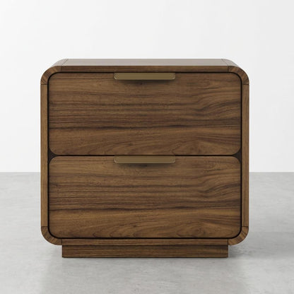 Wooden two-drawer cabinet with rounded edges.