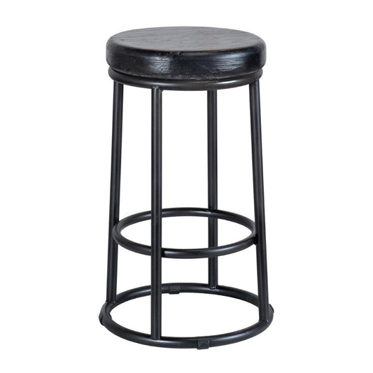 Black metal stool with a round wooden seat.