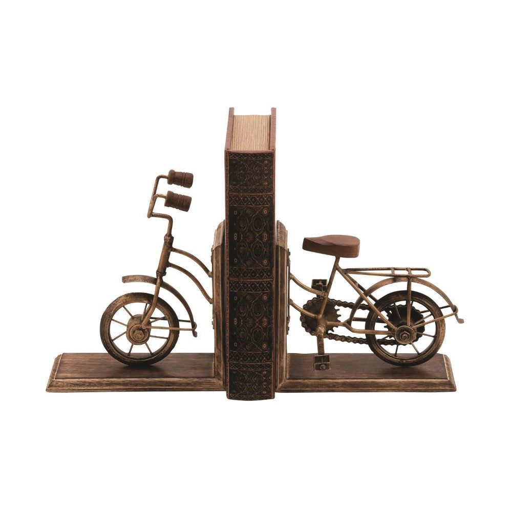 Vintage bicycle bookends holding a book upright.