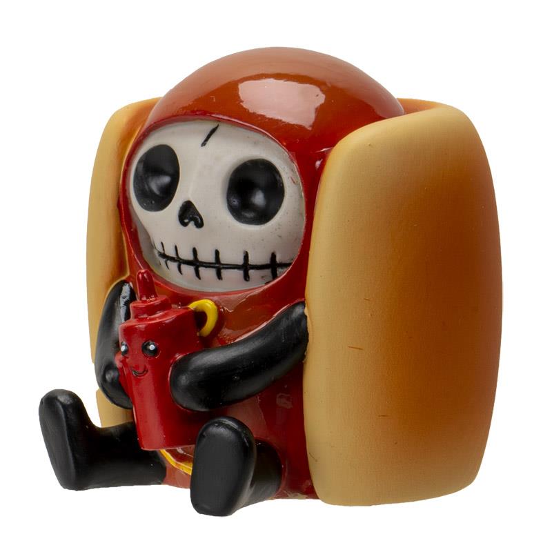 A skeleton in a hotdog bun holds a red condiment bottle.