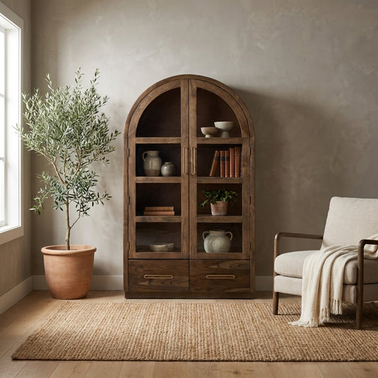 Arched wooden cabinet with glass doors and drawers below.