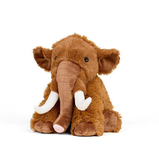 Cute stuffed woolly mammoth with tusks, sitting on a white background.