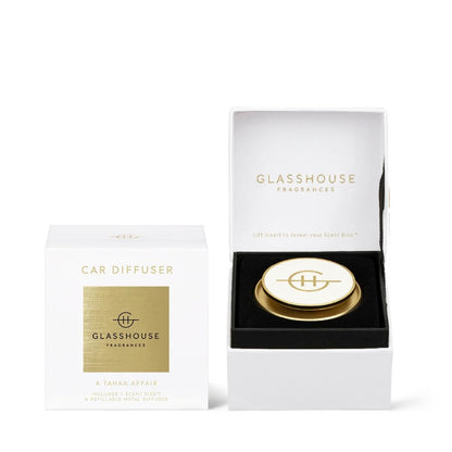 Glasshouse Fragrances car diffuser in elegant white and gold packaging.
