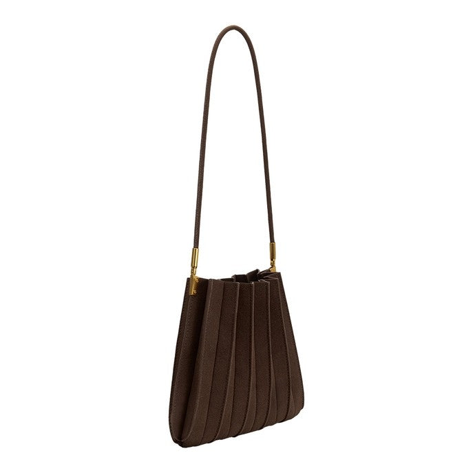 Brown pleated handbag with a long strap and gold accents.