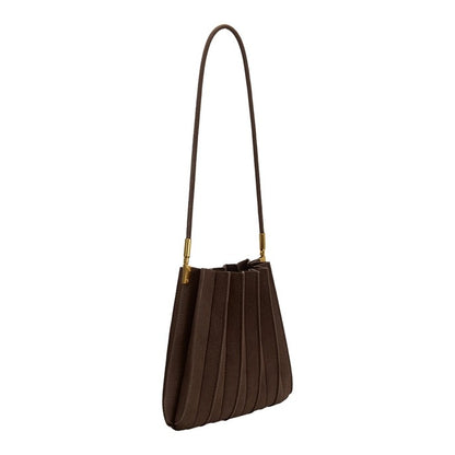Brown pleated handbag with a long strap and gold accents.