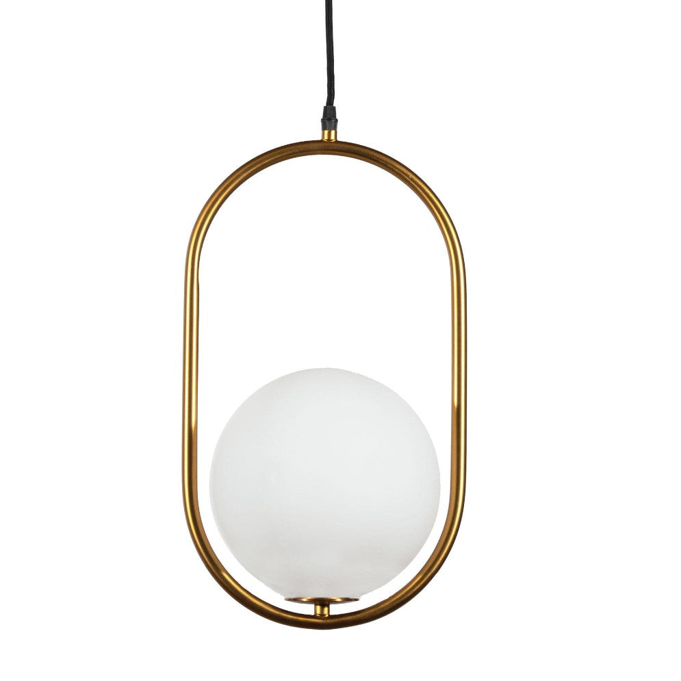 Modern pendant light with brass frame and white globe.