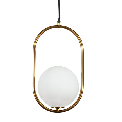 Modern pendant light with brass frame and white globe.