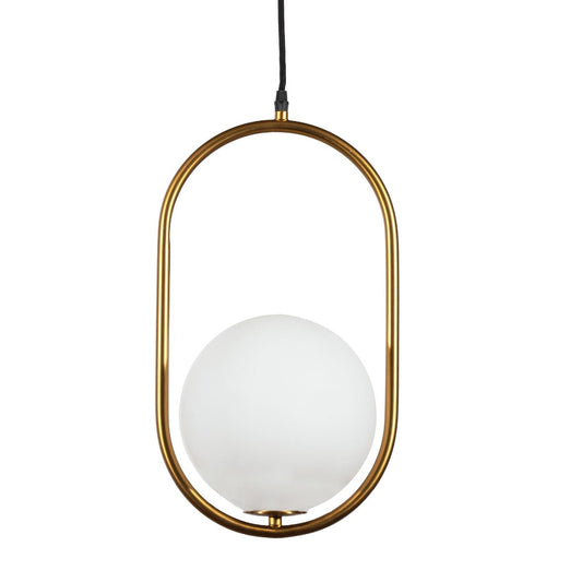 Modern pendant light with brass frame and white globe.