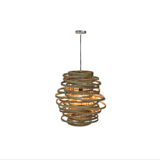Wooden spiral pendant light hanging from ceiling.