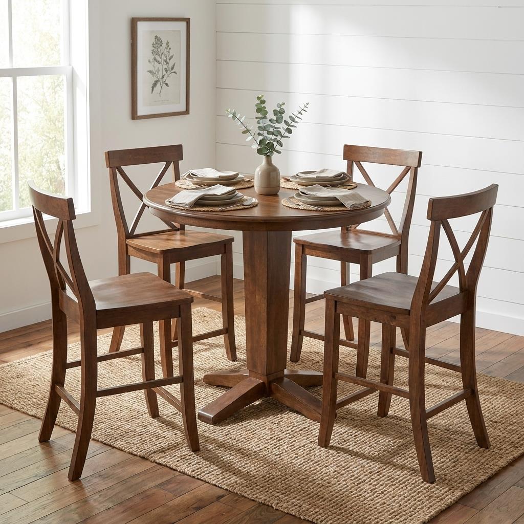Cozy dining area with a round wooden table set for four on a woven rug.
