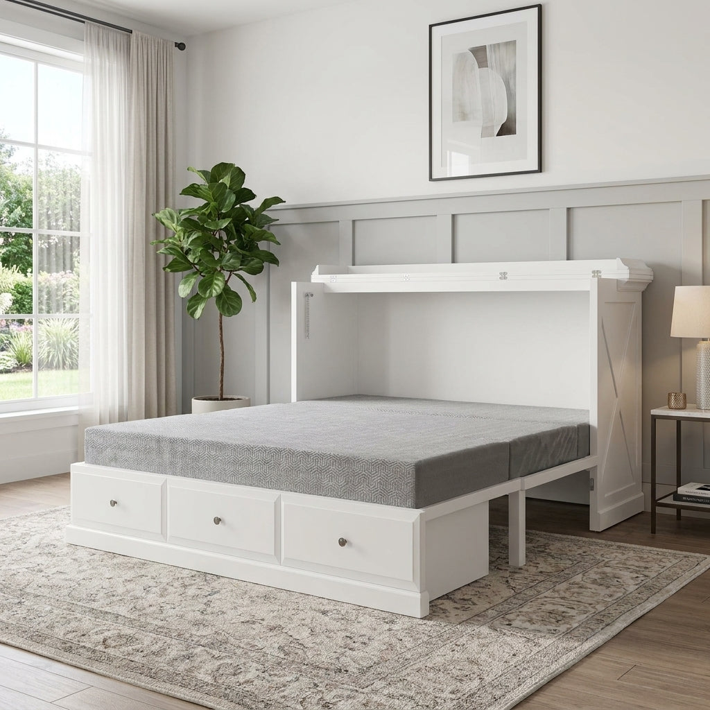 Modern bedroom with a fold-out bed, large window, and indoor plant.