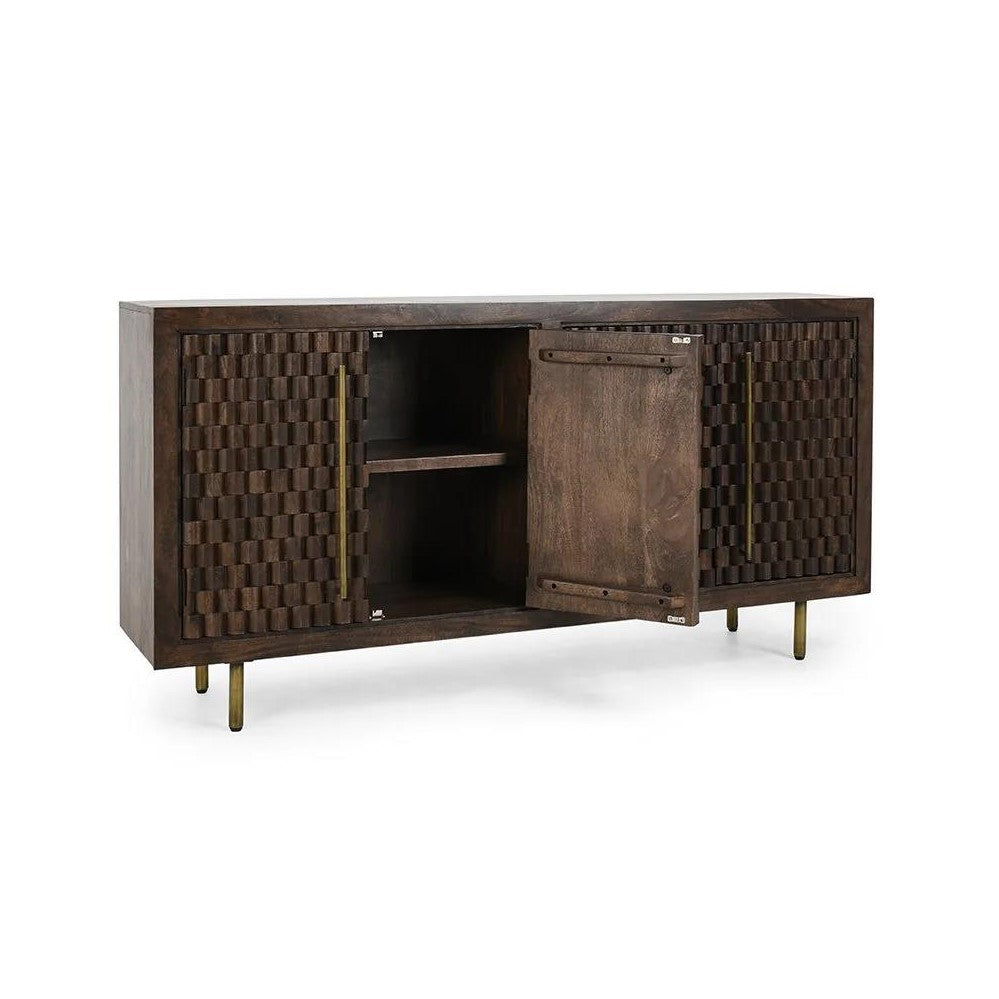 Side view of a wooden cabinet with small legs.