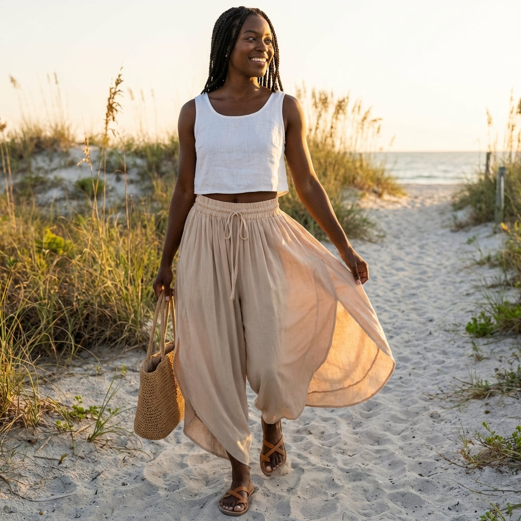 Woman walks happily on beach path at sunset with a wicker bag.
