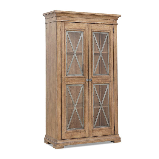 Wooden cabinet with glass doors and cross design panels.