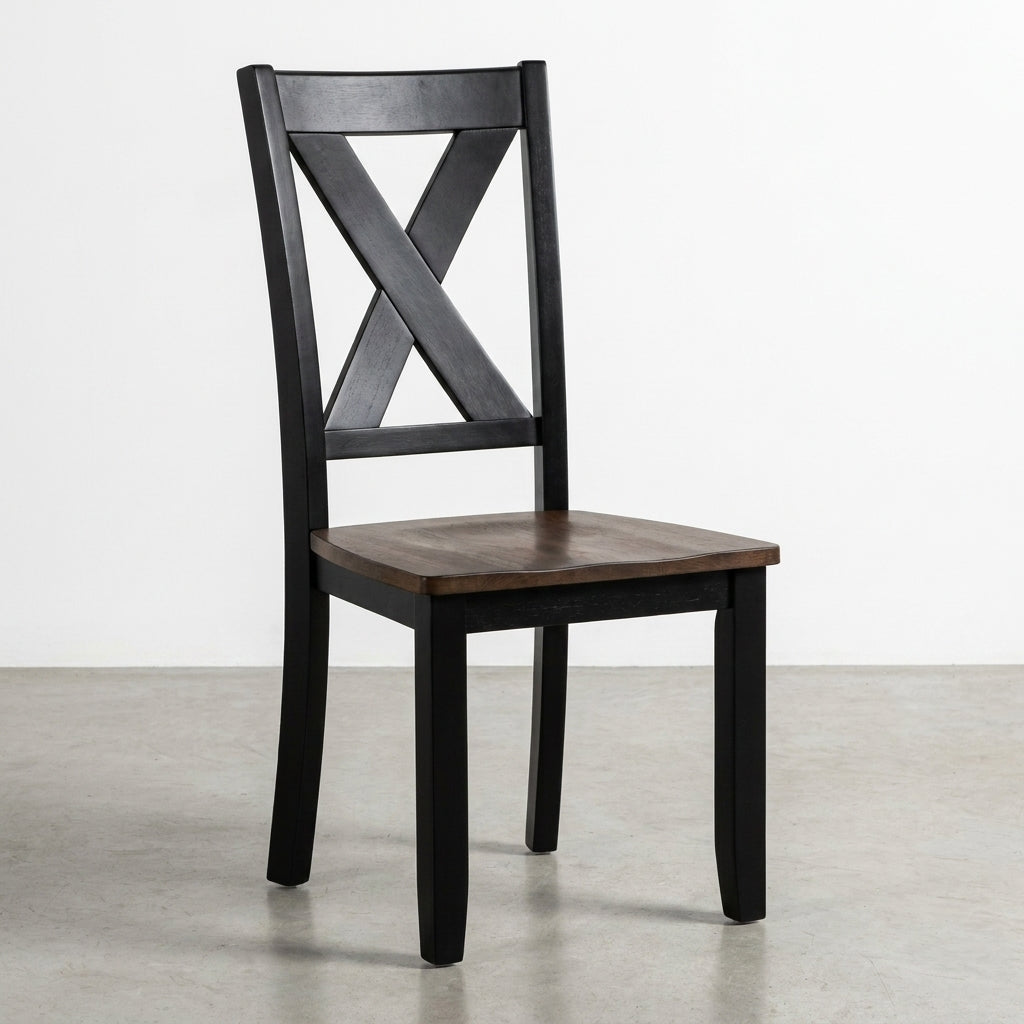 Black chair with wooden seat and X-back design.