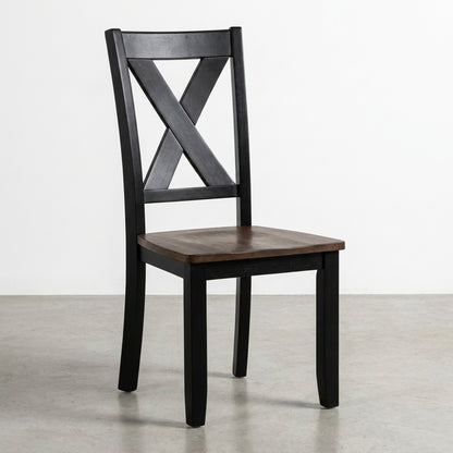Black chair with wooden seat and X-back design.