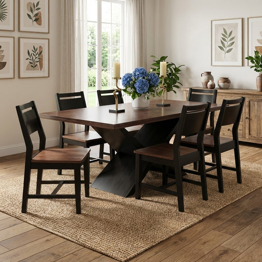 Dining room with wooden table, six chairs, and blue floral centerpiece.