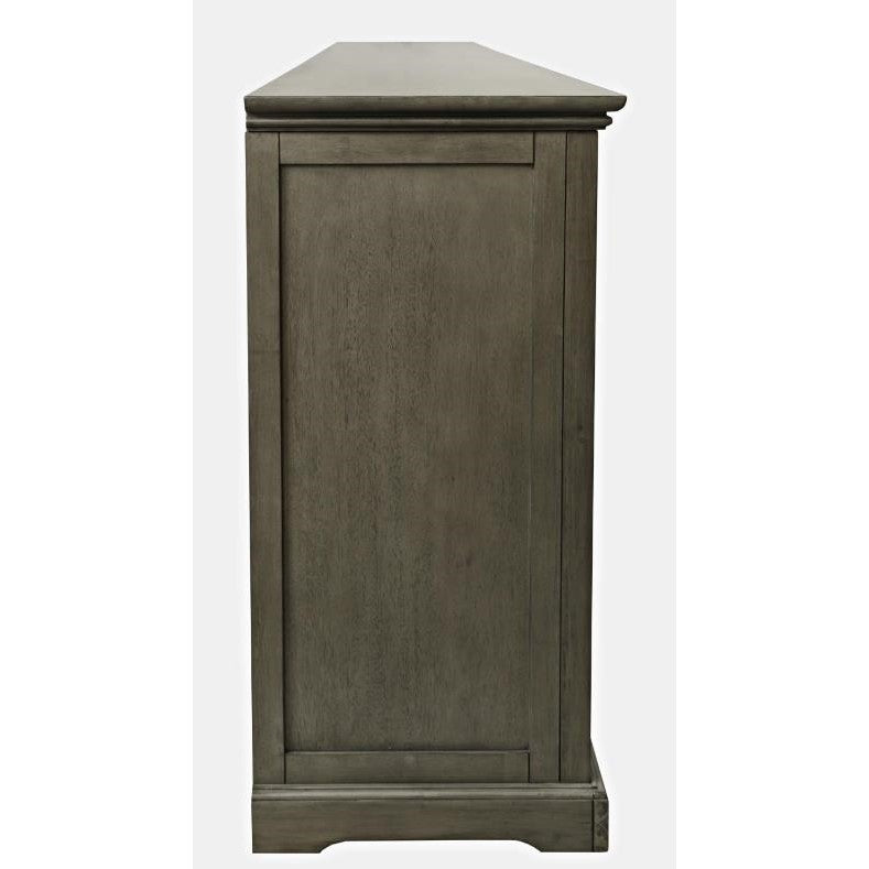 Side view of a tall, dark wooden cabinet against a plain background.