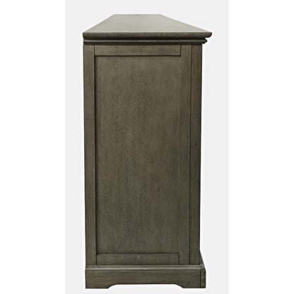 Side view of a tall, dark wooden cabinet against a plain background.