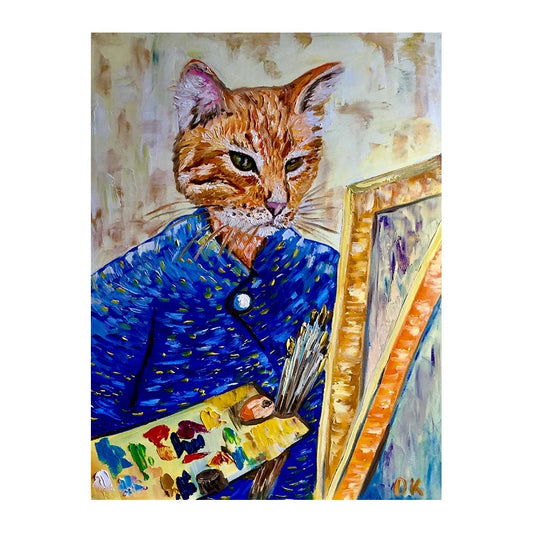 Picture of "Cat La Van Gogh Self Portrait" Wood Block Art Print