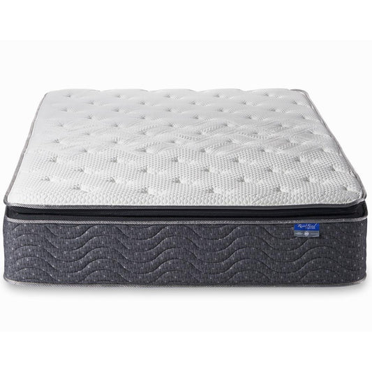 Gray and white quilted mattress with textured fabric design.