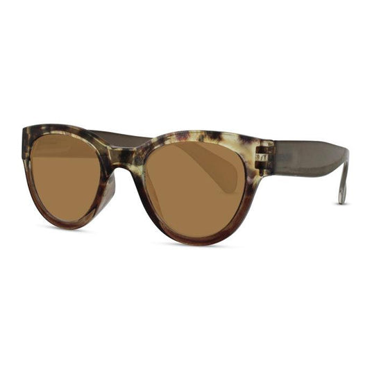 Retro-style sunglasses with brown lenses and tortoiseshell frames.